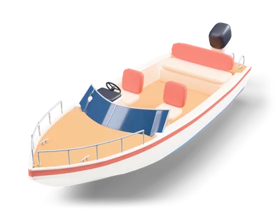 Weißes Motorboot mit Korallenstreifen, Teak-Vordeck, korallenroten Sitzen, dunkelblauer Scheibe und Außenborder