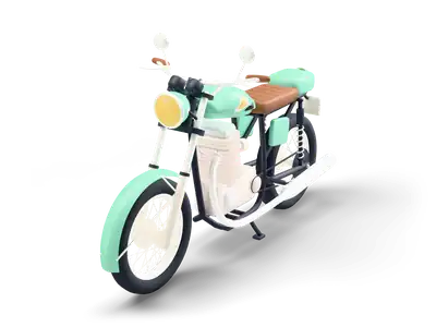 Mint café racer motorcycle with brown ribbed seat, cream finned engine and exhaust, spoked wheels and round headlight