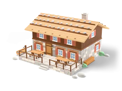 Alpine mountain hut with stone ground floor, dark wooden upper floor, shingle roof weighted with stones, red shutters and sun terrace