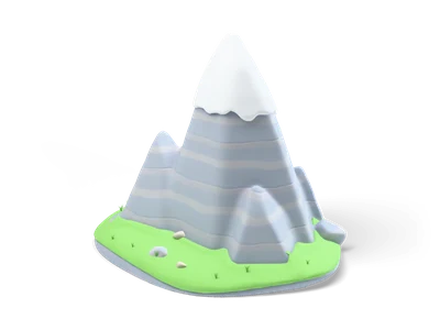 Grey faceted mountain peak with a white snow cap on a round green grassy base with small rocks