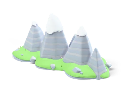 Row of grey faceted mountains with white snowy tops on a long wavy green base with boulders