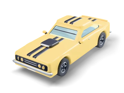 Yellow fastback muscle car with two dark racing stripes, a hood scoop and four round headlights