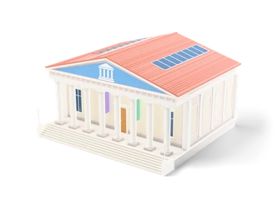 Museo clásico con ocho columnas blancas, frontón azul cielo con pictograma de columnas, tejado coral con lucernarios y amplia escalinata