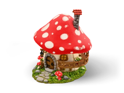 Mushroom house with red white-spotted cap, stone chimney, arched wooden door and balcony on a grassy base