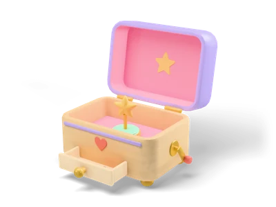 Open wooden music box with a lavender lid, pink lining, a gold star on a rod, side crank and small drawer