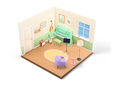 Isometrisches Musikzimmer mit mintgrünem Klavier, Gitarren an der linken Wand, Notenständer, Lavendel-Sessel und rundem Teppich