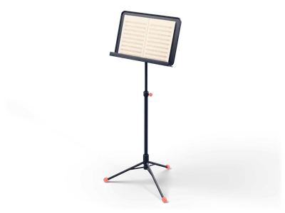 Dark tripod music stand with coral rubber feet, tilted desk and an open booklet with blank staff lines