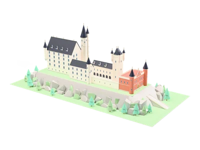 Castillo de Neuschwanstein blanco con agujas de pizarra oscura y puerta de ladrillo rojo sobre una cresta de roca gris rodeada de abetos menta