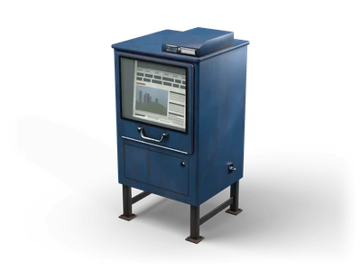 Blue steel newspaper vending box on legs with a glass window showing a placeholder newspaper