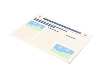 Folded cream newspaper with headline bars, columns of gray lines and two small landscape pictures