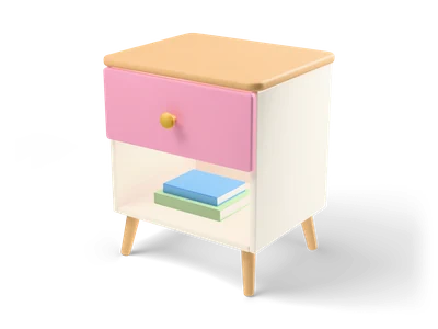 Cream bedside table with an oak top, a pink drawer with a gold knob and two books on the open shelf