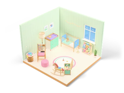 Isometrisches Babyzimmer mit salbeigrün gestreiften Wänden, Teppichboden, Gitterbett mit Sternen, Wickelkommode und Schaukelstuhl