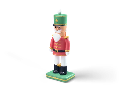Wooden toy nutcracker in a red jacket and green hat with gold trim and white beard on a green base