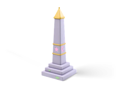 Obelisco de piedra gris lila con punta piramidal dorada y símbolos rosas luminosos sobre pedestal