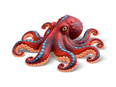 Karminroter Oktopus mit acht eingerollten Armen, türkisen Punkten, cremefarbenen Saugnäpfen und goldenen Augen