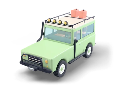 Boxy sage green off-road car with a black roof rack, coral jerry cans, a snorkel and a spare wheel at the back