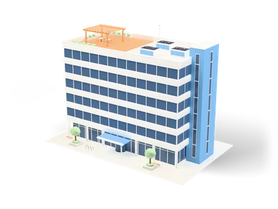 White six-storey office building with blue window bands, blue stair tower and a rooftop terrace with pergola