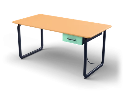 Honey wood office desk with dark sled legs, a mint drawer under the top and a cable tray at the back