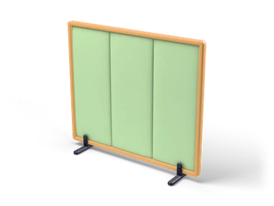 Freestanding office divider with three sage green padded panels in a rounded wooden frame on dark feet