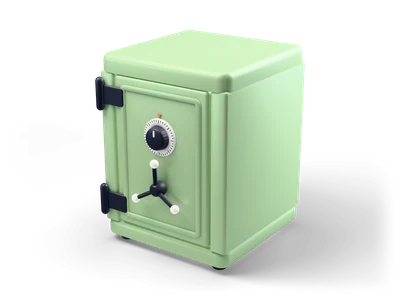 Caja fuerte verde salvia con dial de combinación blanco, volante de tres radios y bisagras oscuras sobre cuatro patas cortas