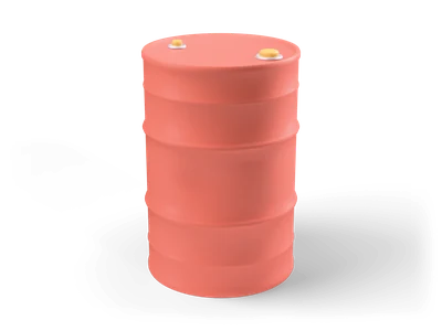 Coral red 200 litre steel oil drum with rolling hoops and two yellow bung caps on the lid