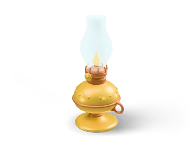 Brass oil lamp with a round font, copper collar, clear glass chimney and a small yellow flame