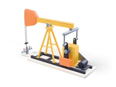 Yellow oil pump jack with an orange horse head, orange counterweights and a grey motor on a concrete pad