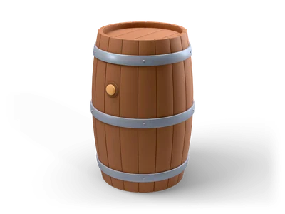 Barril de madera marrón oscuro con duelas abombadas, tres aros de hierro y un tapón redondo delante