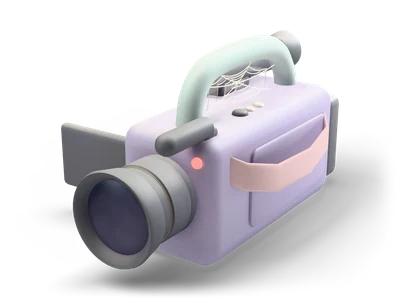 Lavender video camera with a dark lens, a mint handle with a small cobweb and an open side screen