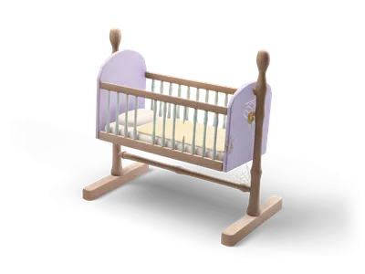 Old wooden hanging cradle with lavender end boards, mint spindles, a broken spindle and yellowed bedding