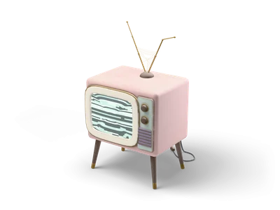 Pink retro tube TV on four wooden legs with a white static screen, two knobs and a thin brass antenna with a small cobweb