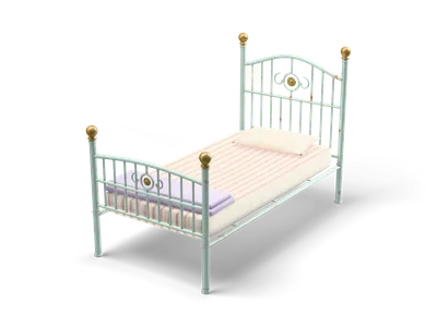 Mint green iron bed with gold ball finials, an arched headboard and a pink and white striped mattress with a pillow
