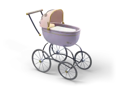 Lavender Victorian pram with a torn pink hood, large spoked wheels and a dark push handle