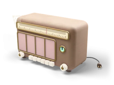 Brown wooden table radio with a pink fabric front, a yellow glowing dial strip, a small green light and white push keys
