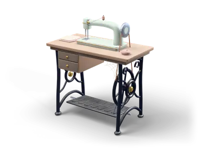 Mint grey vintage sewing machine on a wooden table with a black cast iron treadle stand and flywheel