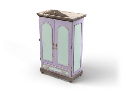 Tall lavender wardrobe with chipped paint, mint green arched door panels, dark wooden cornice and a cobweb on top