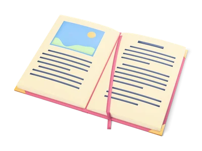 Open book with parchment pages, dark ink line bars, a small landscape picture and a rose ribbon