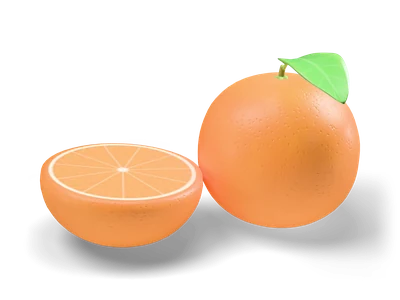 Stylized orange with a green leaf next to an orange half showing juicy segments