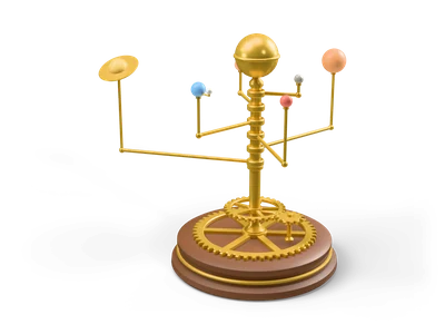 Messing-Orrery mit Speichenzahnrädern auf dunklem Holzsockel, polierter Messingsonne und sechs Armen mit bunten emaillierten Planeten