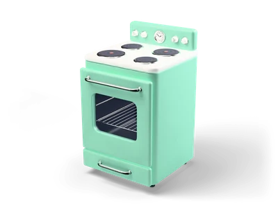 Retro mint green cooker with four hotplates, knobs and clock on the backguard and an oven door with window