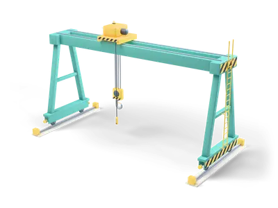 Teal gantry crane on rails with two girders, a yellow trolley on top and a yellow hook block on ropes