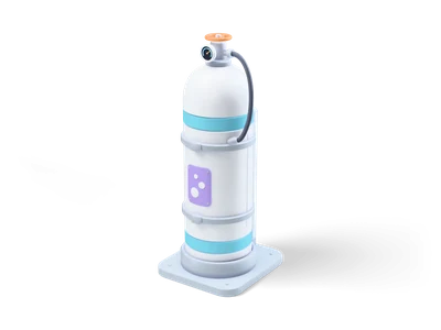 White oxygen tank with two cyan bands and a lilac bubble label, held by grey straps in a stand, with an orange valve wheel and a black hose