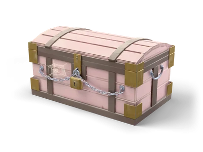 Pink wooden chest with brass corners, a gold padlock and a grey chain hanging across the front with a small cobweb