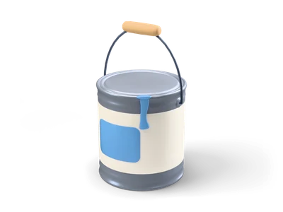 Metal paint can with blank cream label, blue color field, blue drip and a wire handle with wooden grip