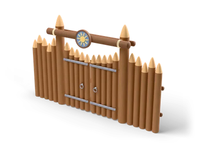Wooden palisade gate of pointed logs with two gate leaves, iron straps and a round sun sign on top