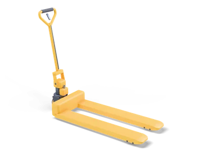 Yellow hand pallet jack with two long forks, dark hydraulic pump and upright drawbar with a rubber grip handle