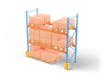 Blue and orange pallet rack with two levels of wooden pallets stacked with brown cartons