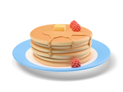 Stack of six pancakes with butter, maple syrup drips and raspberries on a plate with a blue rim