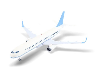 Weißes zweistrahliges Passagierflugzeug mit himmelblauem Seitenleitwerk und Sharklets auf seinem Fahrwerk