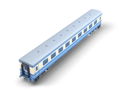 Largo coche de pasajeros azul con banda crema, ventanas redondeadas y techo gris